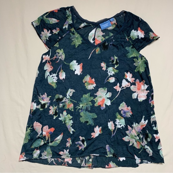 Floral Shirt Women’s XL Navy Blue Short Sleeve V Neck Hi-Low VERA WANG Summer - Picture 1 of 8